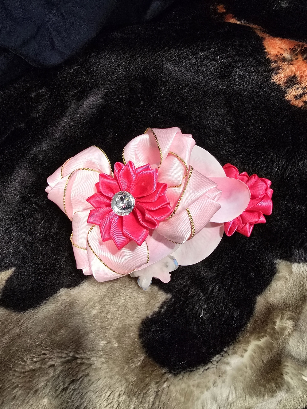 Pink Satin Flower Moon Bead with Gem Center